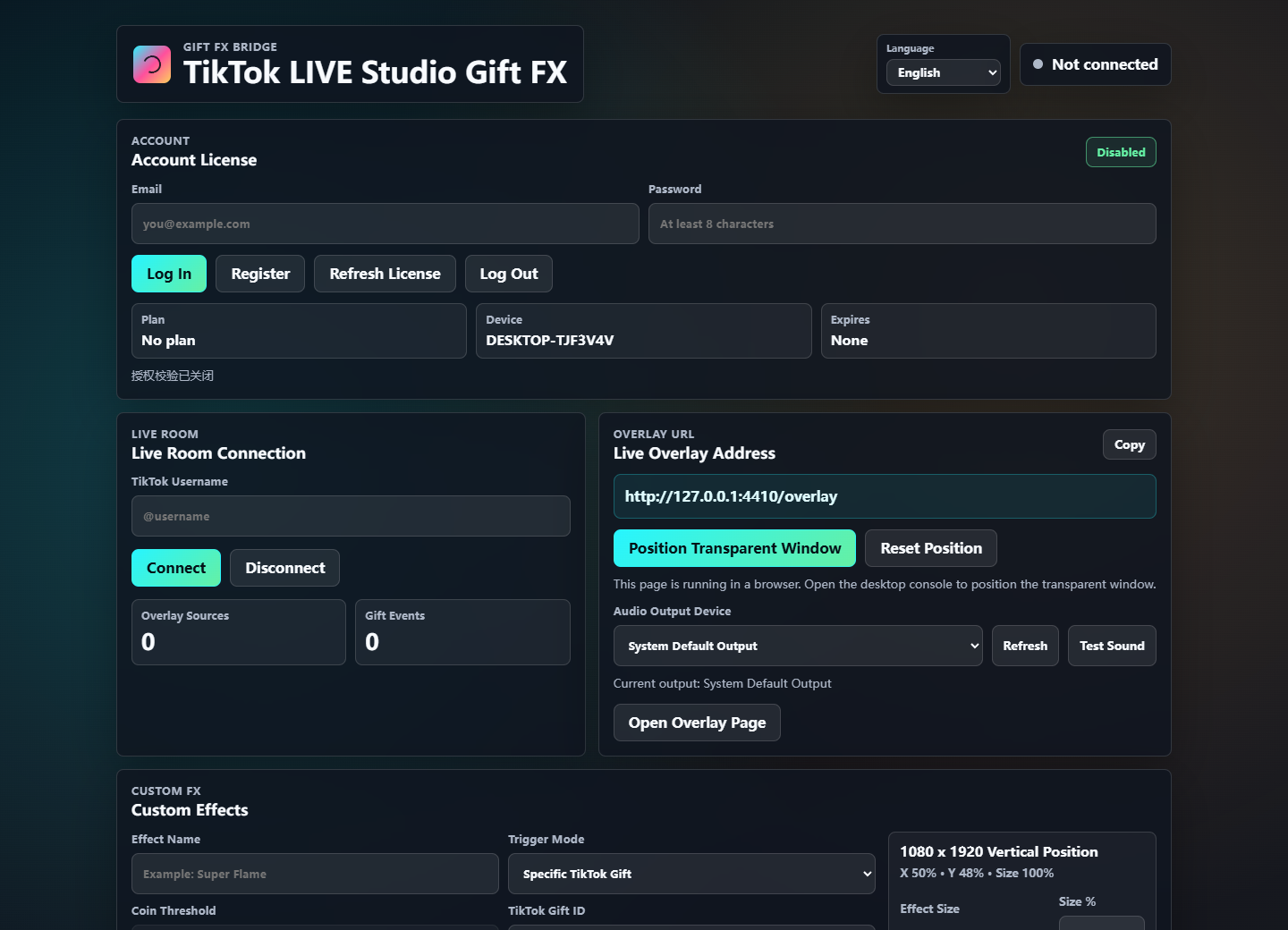 Gift FX Live console interface preview
